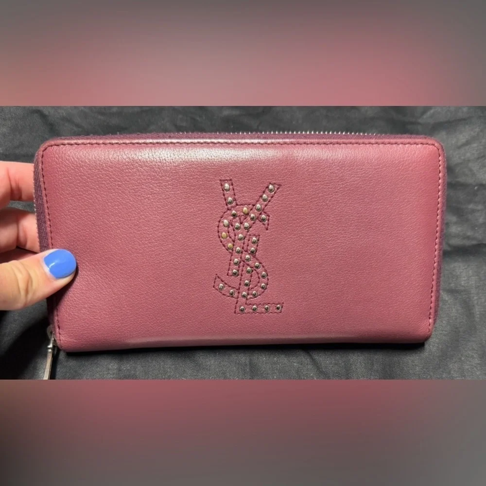 YSL pink Cassandra studded zip around wallet